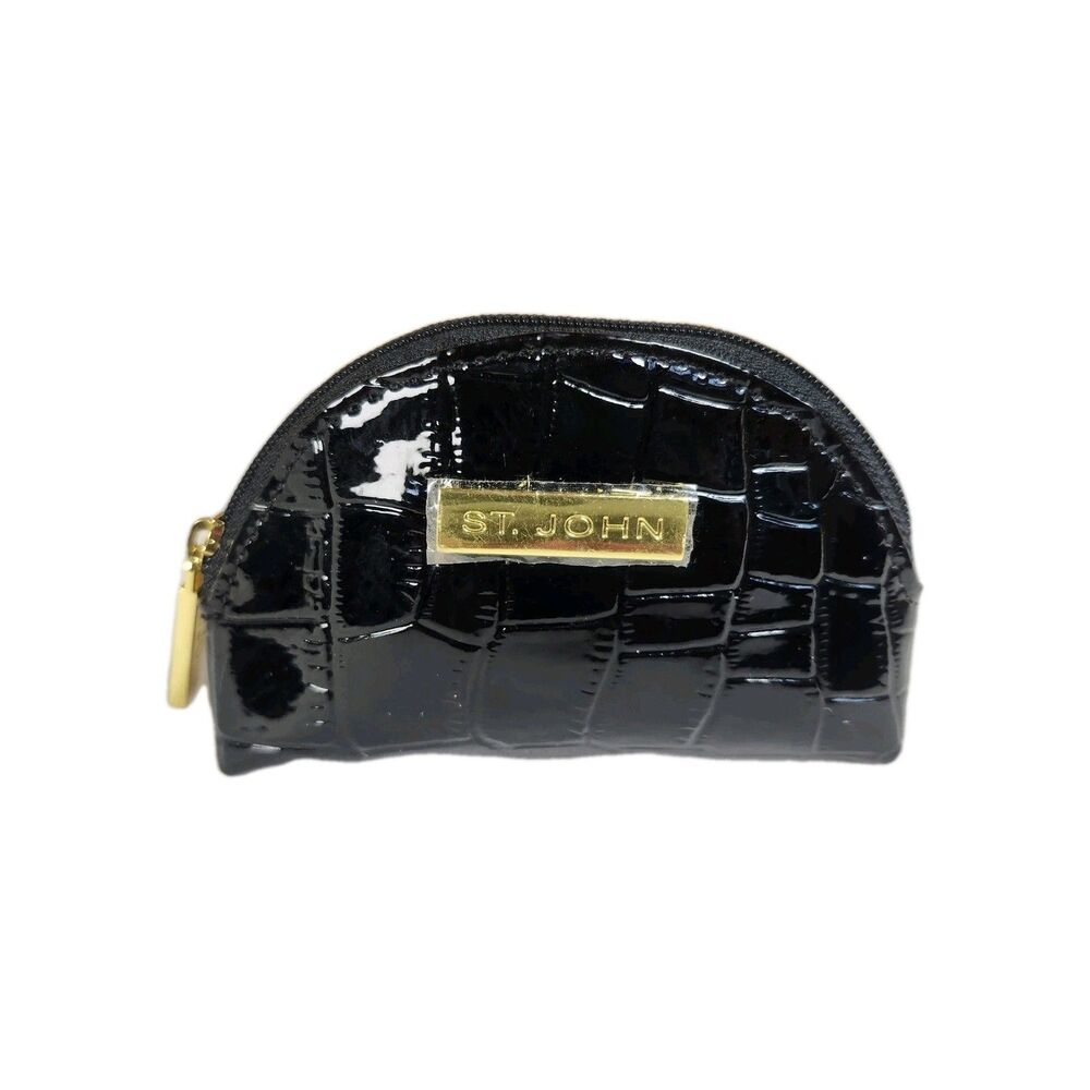 ST. JOHN Mini Coin Purse Black Embossed Leather  Zipper Logo Gold tone Hardware